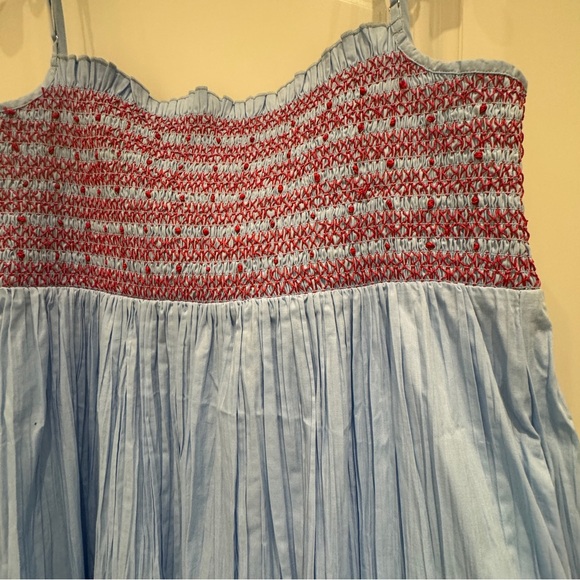 J. Crew Light Blue Midi Dress with Red Smocked Bodice - Picture 4 of 5